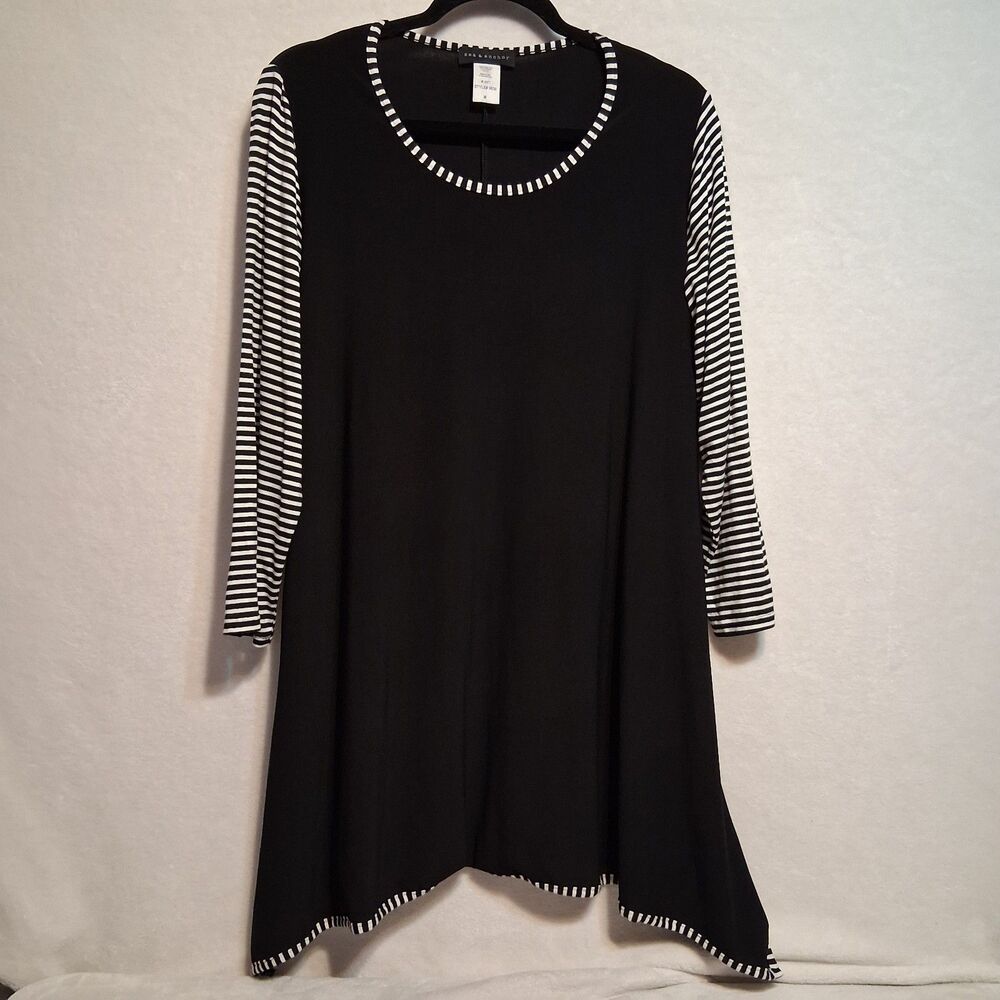 Sea & Anchor M Top Tunic Pockets Black Striped Trim Stretch Nautical Beach Comfy